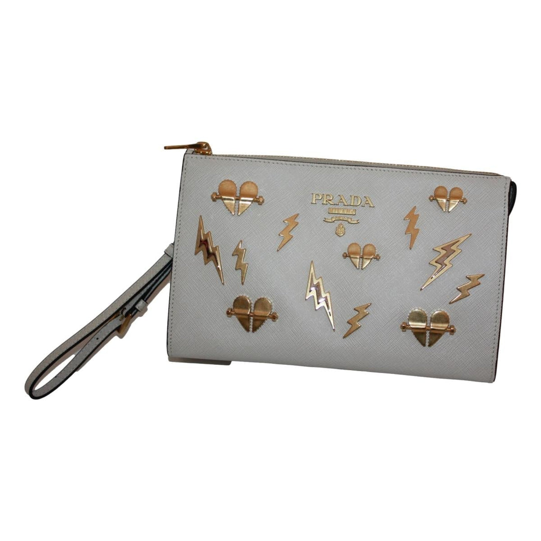 Prada White Saffiano Leather Gold Hearts Pouch Wristlet Bag 1NE007
