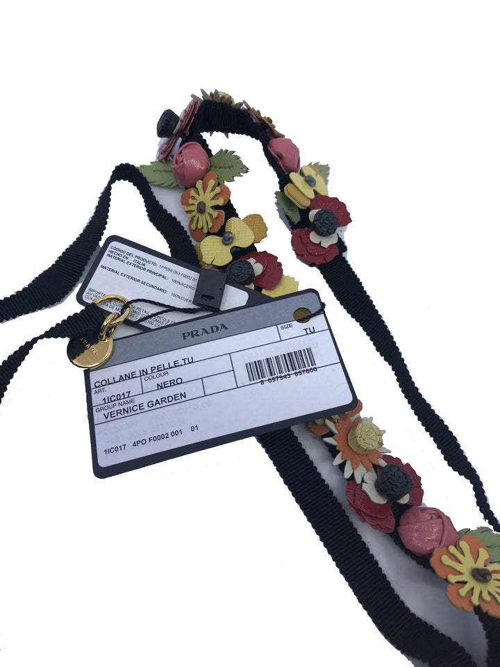 Prada Women's Collane in Pelle Tu Nero Black Vernice Garden Flower Belt Strap 1IC017