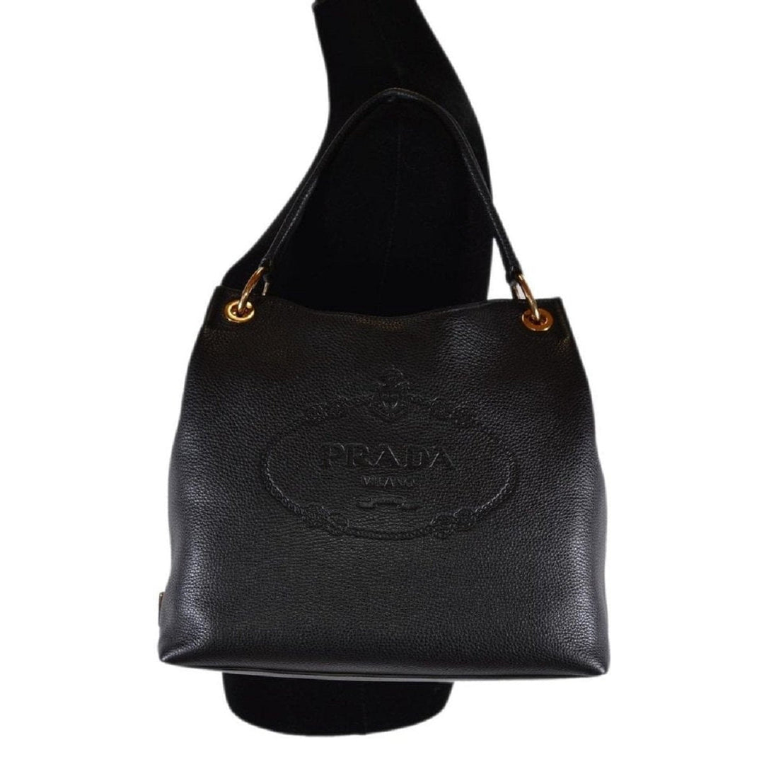 Prada Vitello Phenix Black Leather Embossed Logo Hobo Tote Bag 1BC051