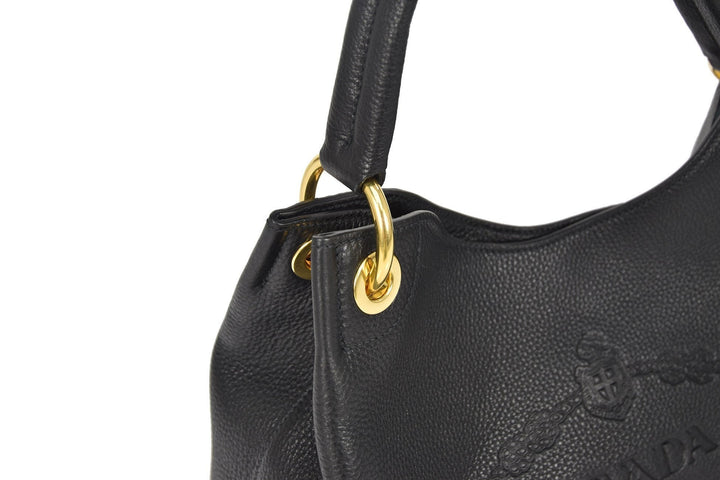 Prada Vitello Phenix Black Leather Embossed Logo Hobo Tote Bag 1BC051