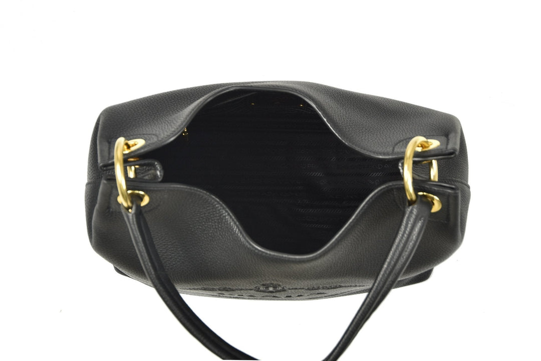 Prada Vitello Phenix Black Leather Embossed Logo Hobo Tote Bag 1BC051