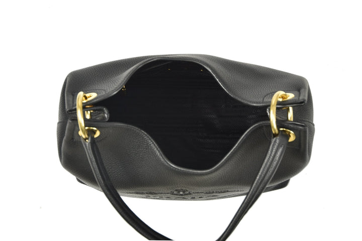 Prada Vitello Phenix Black Leather Embossed Logo Hobo Tote Bag 1BC051