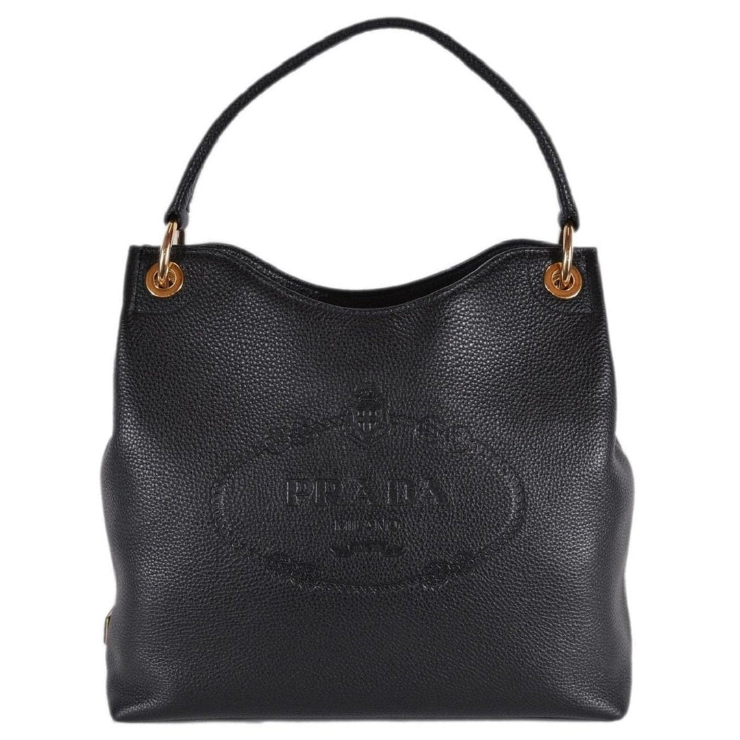 Prada Vitello Phenix Black Leather Embossed Logo Hobo Tote Bag 1BC051