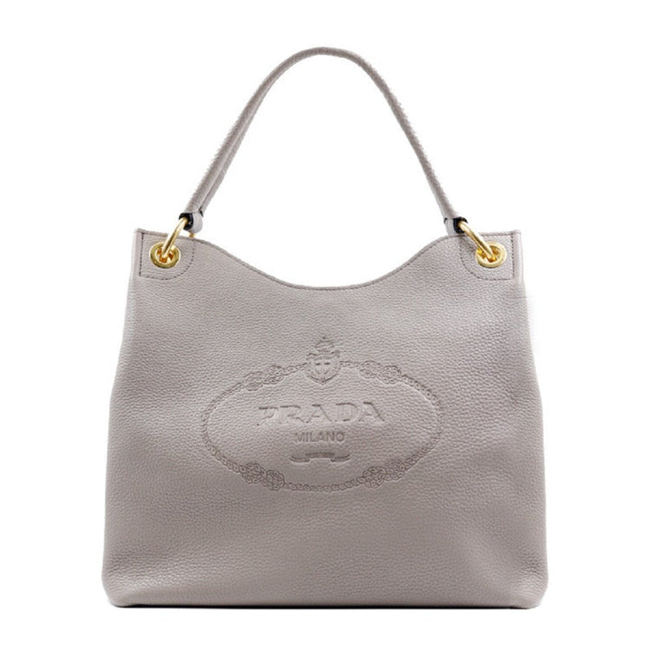 Prada Vitello Phenix Grey Leather Embossed Logo Hobo Tote Bag 1BC051