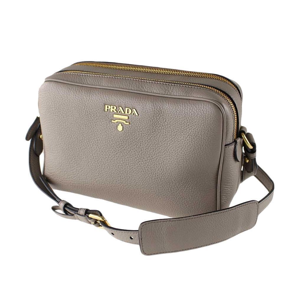 Prada Argilla Grey Vitello Phenix Leather Double Zip Cross Body Bag 1BH079