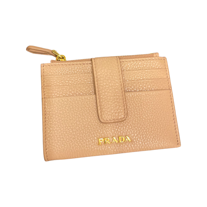 Prada Womens Vitello Grain Cipria Beige Leather Zip Top Card Wallet 1MC026