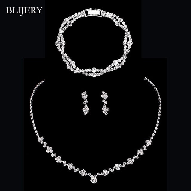 BLIJERY Fashion Crystal Bridal Jewelry Sets Silver Color Geometric Choker Necklace Earrings Bracelet Wedding Jewelry Sets