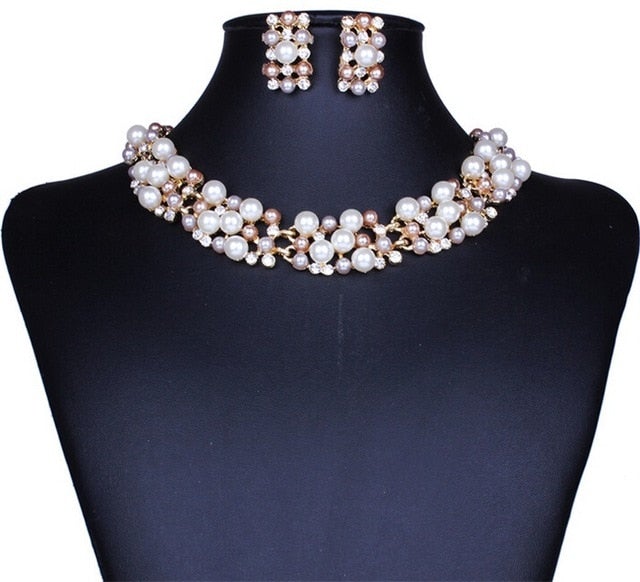 Fashion Pearl Jewelry Sets For Women African Beads Jewelry Set Gold Wedding Crystal Bridal Dubai Necklace Jewelery Costume