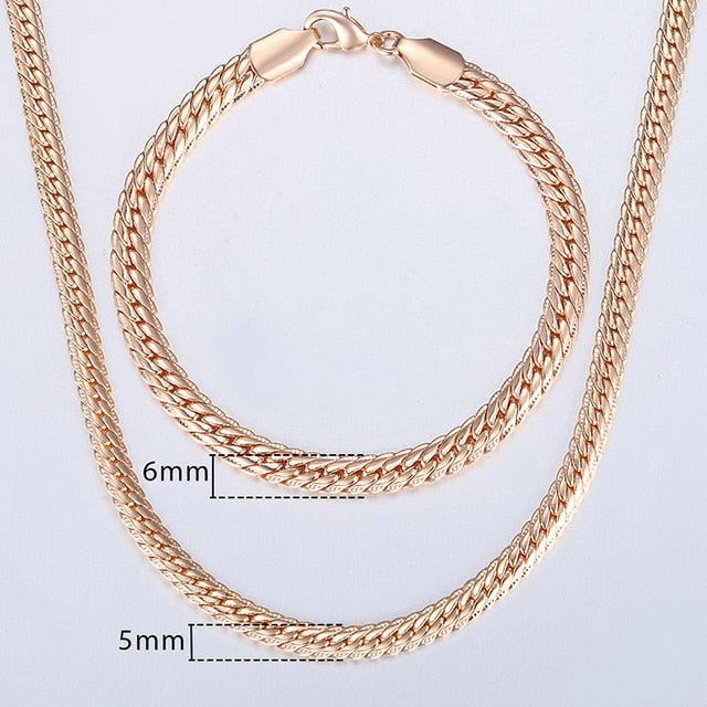 Davieslee Jewelry Sets For Women Men 585 Rose Gold Bracelet Necklace Set Double Cuban Weaving Bismark Chain Jewelry 2021 LCS04