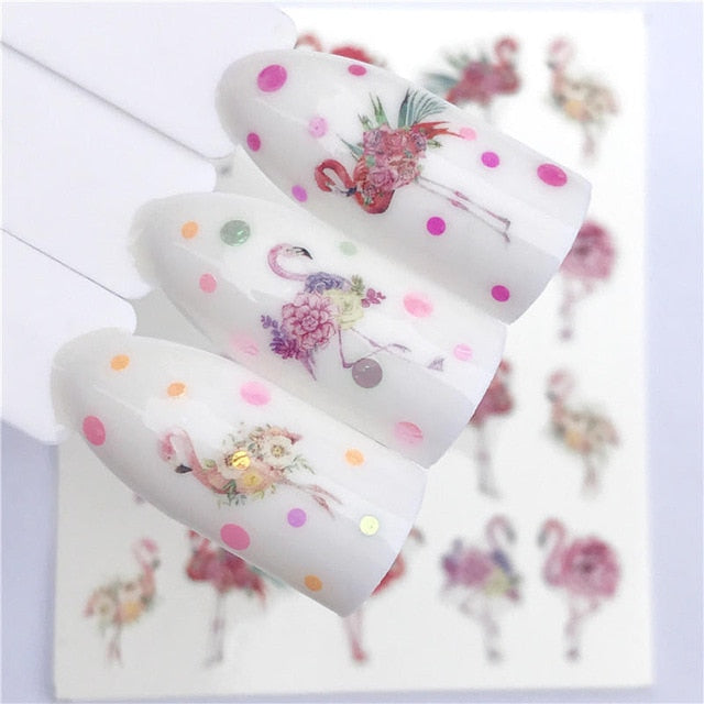 FWC 1 PC Summer Flower Series Nail Water Decals Cute Cat Pattern Tranfer Sticker Flamingo Fruit Nail Art Decoration