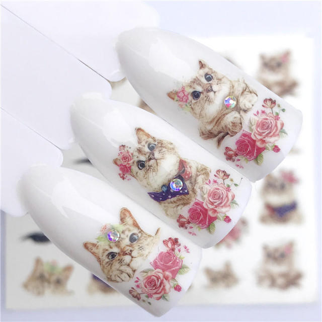 FWC 1 PC Summer Flower Series Nail Water Decals Cute Cat Pattern Tranfer Sticker Flamingo Fruit Nail Art Decoration
