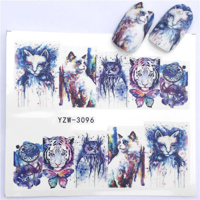FWC 1 PC Summer Flower Series Nail Water Decals Cute Cat Pattern Tranfer Sticker Flamingo Fruit Nail Art Decoration