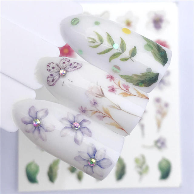 FWC 1 PC Summer Flower Series Nail Water Decals Cute Cat Pattern Tranfer Sticker Flamingo Fruit Nail Art Decoration