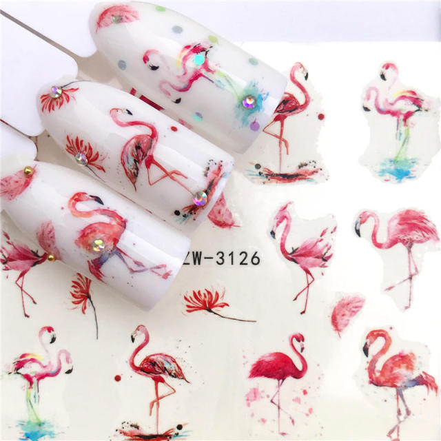 FWC 1 PC Summer Flower Series Nail Water Decals Cute Cat Pattern Tranfer Sticker Flamingo Fruit Nail Art Decoration