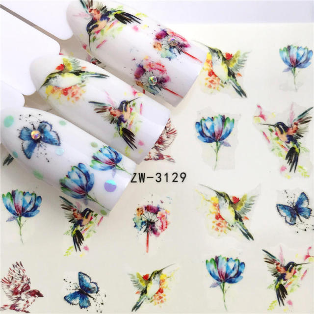 FWC 1 PC Summer Flower Series Nail Water Decals Cute Cat Pattern Tranfer Sticker Flamingo Fruit Nail Art Decoration
