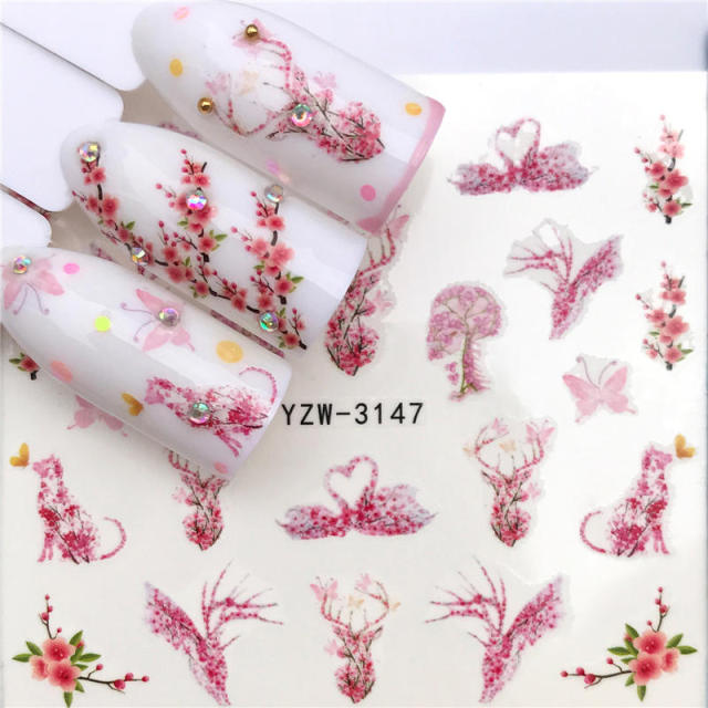 FWC 1 PC Summer Flower Series Nail Water Decals Cute Cat Pattern Tranfer Sticker Flamingo Fruit Nail Art Decoration
