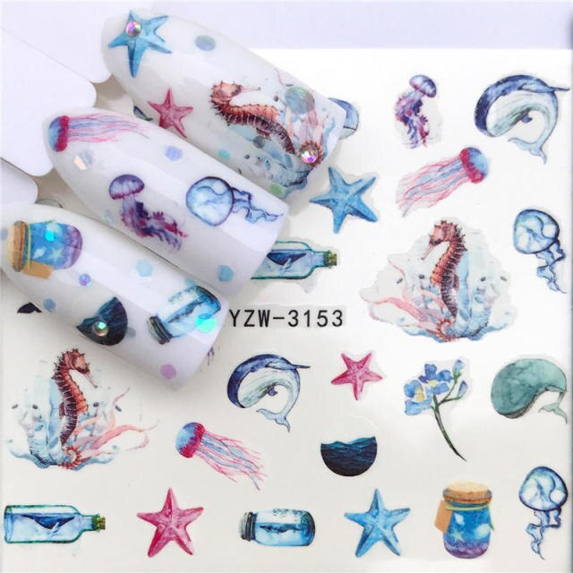 FWC 1 PC Summer Flower Series Nail Water Decals Cute Cat Pattern Tranfer Sticker Flamingo Fruit Nail Art Decoration