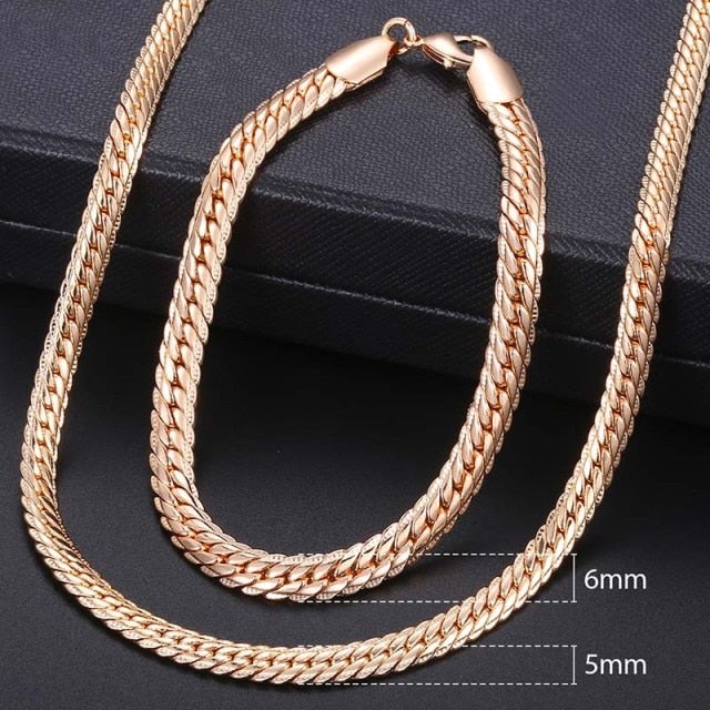 Men Women's Jewelry Set 585 Rose Gold Bracelet Necklace Set Double Curb Cuban Weaving Bismark Chain 2018 Wholesale Jewelry KCS04
