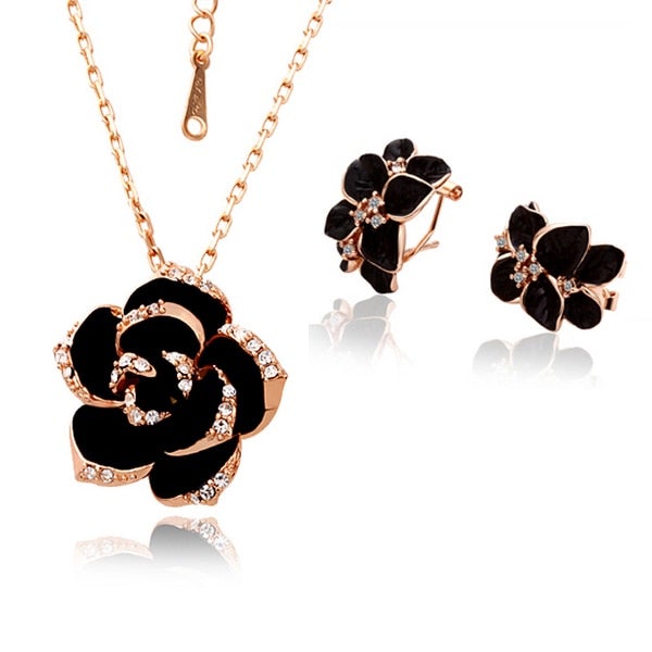 Fashion Rose Flower Enamel Jewelry Set Rose Gold Color Black Painting Bridal Jewelry Sets for Women Wedding 83506