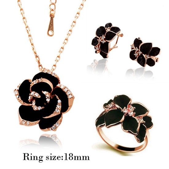 Fashion Rose Flower Enamel Jewelry Set Rose Gold Color Black Painting Bridal Jewelry Sets for Women Wedding 83506