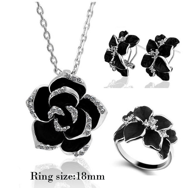 Fashion Rose Flower Enamel Jewelry Set Rose Gold Color Black Painting Bridal Jewelry Sets for Women Wedding 83506