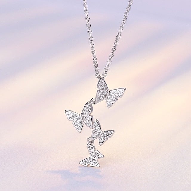 Charming Dazzling Micro 925 Sterling Silver Zircon Butterfly Necklaces With Earring set Women Gift Necklace Chain Choker NK022S