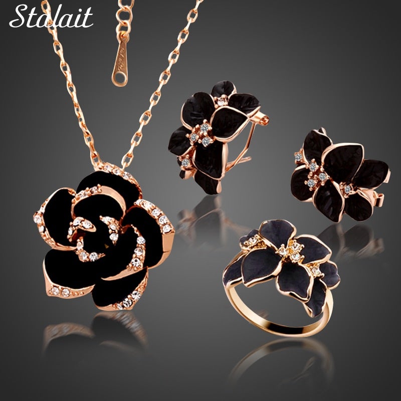 Fashion Rose Flower Enamel Jewelry Set Rose Gold Color Black Painting Bridal Jewelry Sets for Women Wedding 83506
