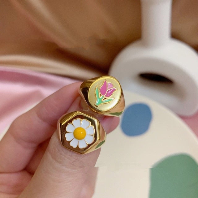 AOMU 1SET 2020 Korea New Hot Small Daisy Tulip Metal Pendant Necklace Rings Bracelet For Women Girls Jewelry Set Gifts