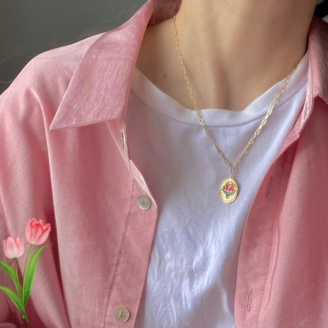 AOMU 1SET 2020 Korea New Hot Small Daisy Tulip Metal Pendant Necklace Rings Bracelet For Women Girls Jewelry Set Gifts