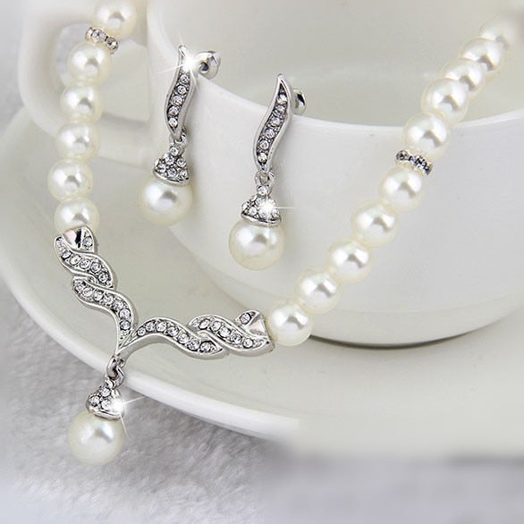 Creative Gold Color Necklace + 1 Pair Earrings Wedding Bridal Pearl Jewelry Set For Women Lady Female
