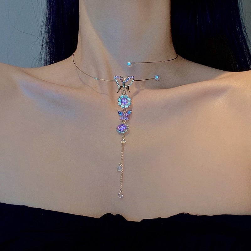 MENGJIQIAO Korean Elegant Metal Round Chain Choker Jewelry For Women Girls Fashion Purple Crystal Butterfly Necklace Bijoux