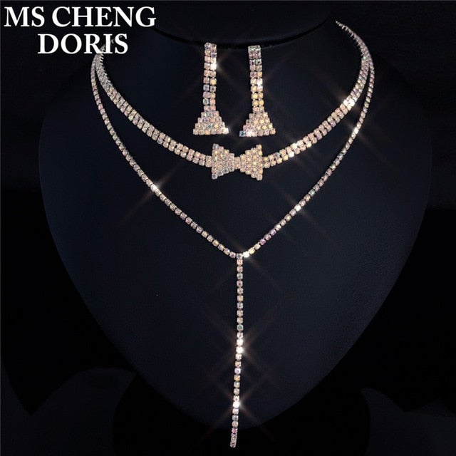 Water Drop Rhinestone Long Pendant Full Crystal Silver Plated Necklace & Earrings Elegant Bridal Wedding Jewelry Set