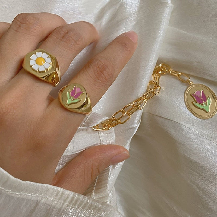 AOMU 1SET 2020 Korea New Hot Small Daisy Tulip Metal Pendant Necklace Rings Bracelet For Women Girls Jewelry Set Gifts