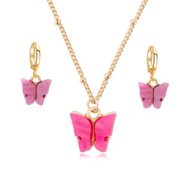 Acrylic Butterfly Pendant Earrings Necklace Combination Set Japan and South Korea Sweet Style Alloy Chain Jewelry Set
