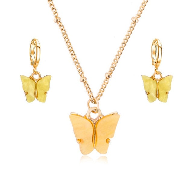 Acrylic Butterfly Pendant Earrings Necklace Combination Set Japan and South Korea Sweet Style Alloy Chain Jewelry Set