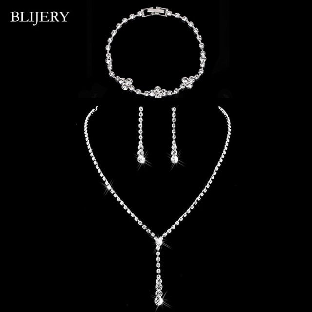 BLIJERY Fashion Crystal Bridal Jewelry Sets Silver Color Geometric Choker Necklace Earrings Bracelet Wedding Jewelry Sets