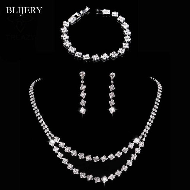 BLIJERY Fashion Crystal Bridal Jewelry Sets Silver Color Geometric Choker Necklace Earrings Bracelet Wedding Jewelry Sets