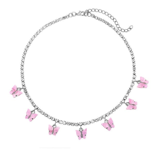 New Fashion 7 Butterfly Pendant Necklace for Women Silver Color Rhinestone Tennis Chain Choker Necklace Wedding Jewelry Gift