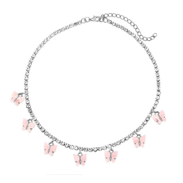 New Fashion 7 Butterfly Pendant Necklace for Women Silver Color Rhinestone Tennis Chain Choker Necklace Wedding Jewelry Gift