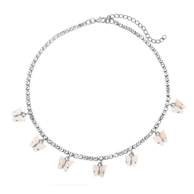 New Fashion 7 Butterfly Pendant Necklace for Women Silver Color Rhinestone Tennis Chain Choker Necklace Wedding Jewelry Gift