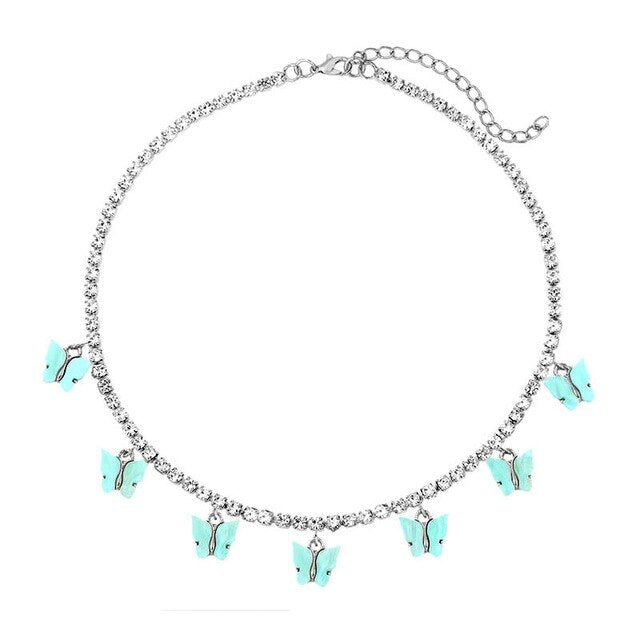 New Fashion 7 Butterfly Pendant Necklace for Women Silver Color Rhinestone Tennis Chain Choker Necklace Wedding Jewelry Gift