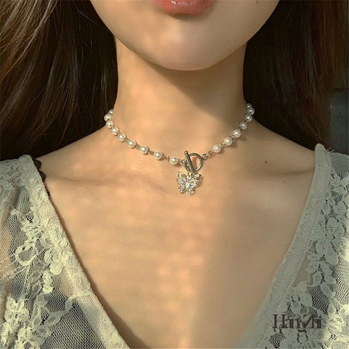HangZhi 2020 New Short Pearl Rhinestones Choker Butterfly Titanium Steel Necklace For Women Girls Party Hot Jewelry Gifts