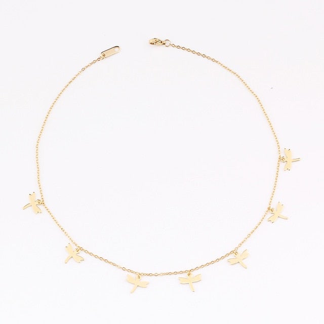 fashion Women Simple Gold Stainless Steel Star Butterfly Dragonfly Round Tassels Non-fading Party Necklace Neck Chains Choker