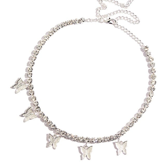 Trendy cute Iced Out Butterfly Choker Necklaces For Women Men Gold Silver Color Tennis Chain Animals Pendant Rhinestone Jewelry