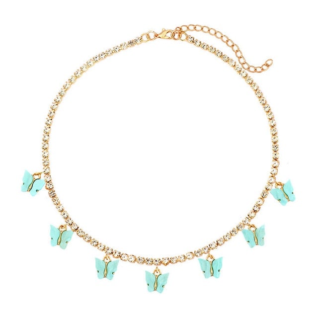 Fashion Bling Crystal Tennis Chain Choker Necklace for Women Gold Silver Color 7 Butterfly Cherry Pendant Necklace Party Jewelry