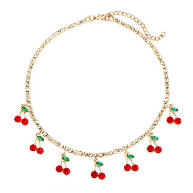 Fashion Bling Crystal Tennis Chain Choker Necklace for Women Gold Silver Color 7 Butterfly Cherry Pendant Necklace Party Jewelry