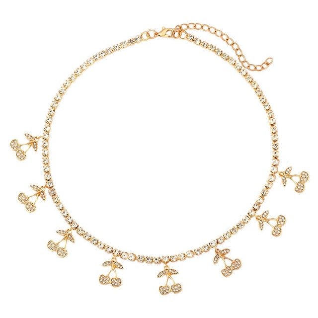 Fashion Bling Crystal Tennis Chain Choker Necklace for Women Gold Silver Color 7 Butterfly Cherry Pendant Necklace Party Jewelry