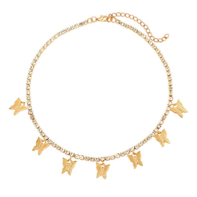 Caraquet Bling Metal 7 Pcs Butterfly Pendant Necklace Women Rhinestone Tennis Chain Choker Necklace Fashion Statement Jewelry