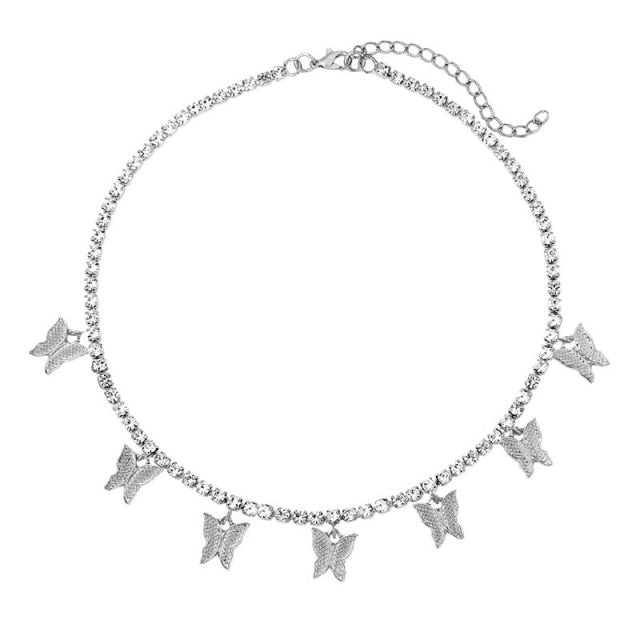 Caraquet Bling Metal 7 Pcs Butterfly Pendant Necklace Women Rhinestone Tennis Chain Choker Necklace Fashion Statement Jewelry