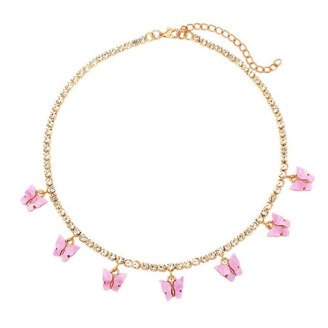 Caraquet Bling Metal 7 Pcs Butterfly Pendant Necklace Women Rhinestone Tennis Chain Choker Necklace Fashion Statement Jewelry
